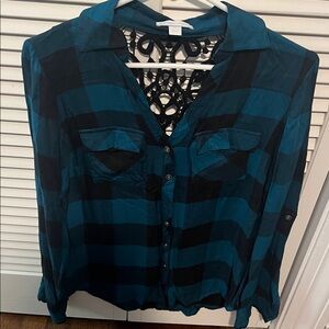 New York & Company Teal and Black Plaid Button Down Shirt